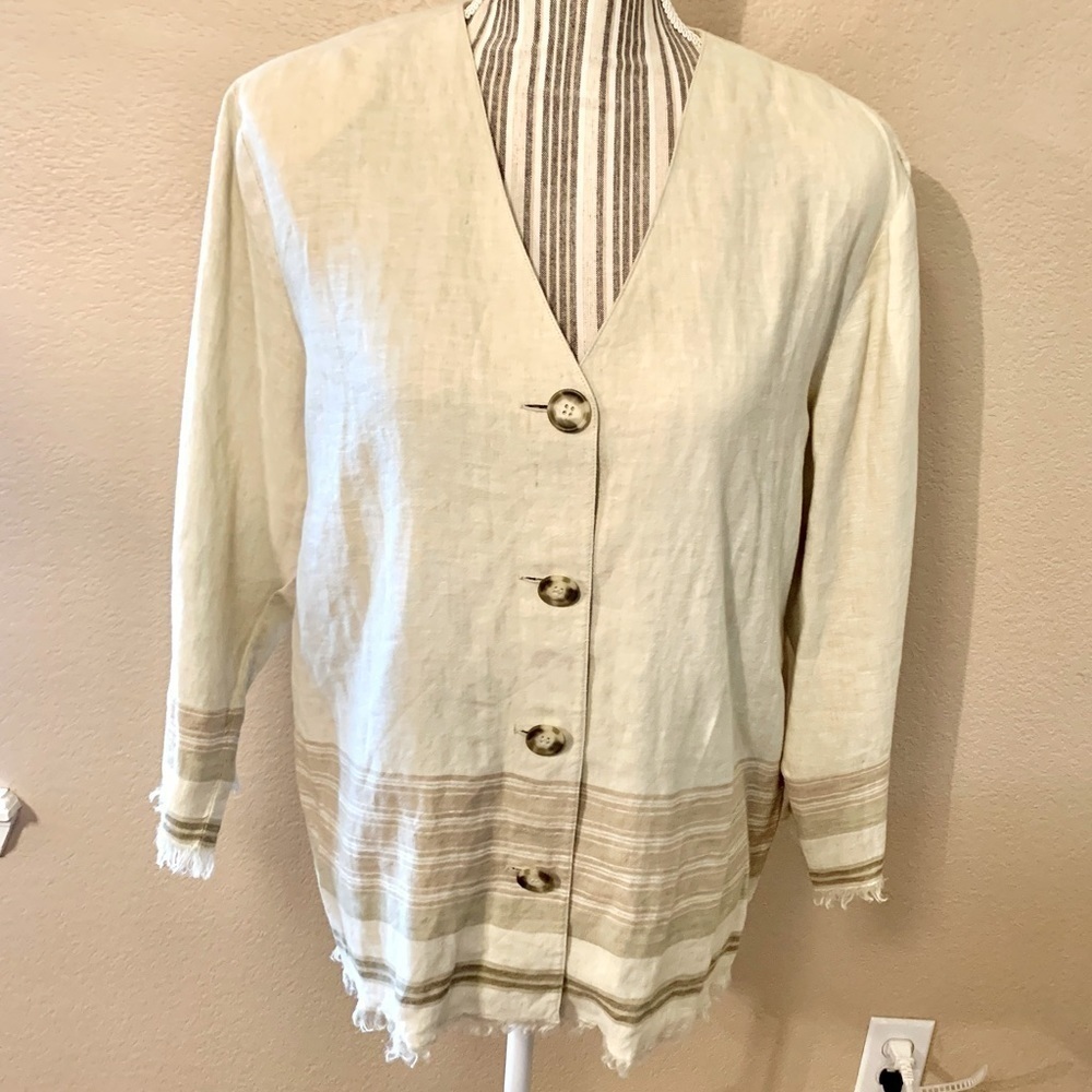 Liz Claiborne Linen Blazer Medium LizSport Taupe Button-Up Jacket Frayed Hem